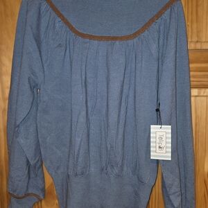 Tulle Blue Off-the-Shoulder Sweater with Brown Trim